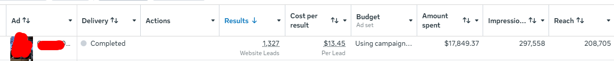Ads Manager results for case study 1