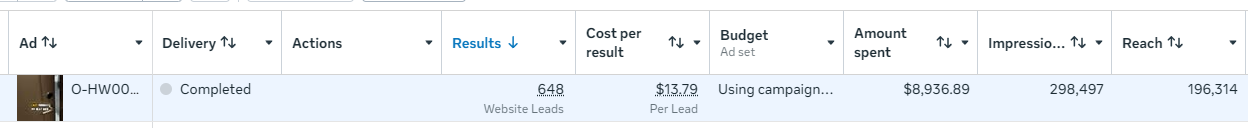 Ads Manager results for case study 2