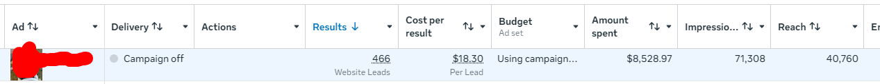 Ads Manager results for case study 3